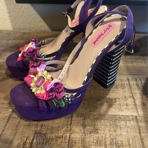 Betsey Johnson Purple Heels with Pink Floral Accents